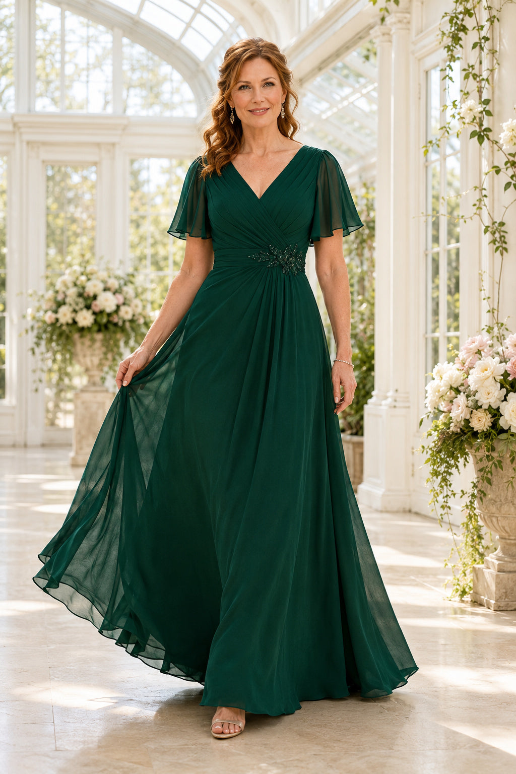 Dark Green V-Neck Chiffon Mother Dress with Flutter Sleeves and Ruched Waist for Evening Reception front view