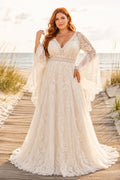 Plus Size Ivory V-Neck Bell Sleeve Lace Tulle A-Line Wedding Dress with Split Front Skirt and Bell Sleeves front view