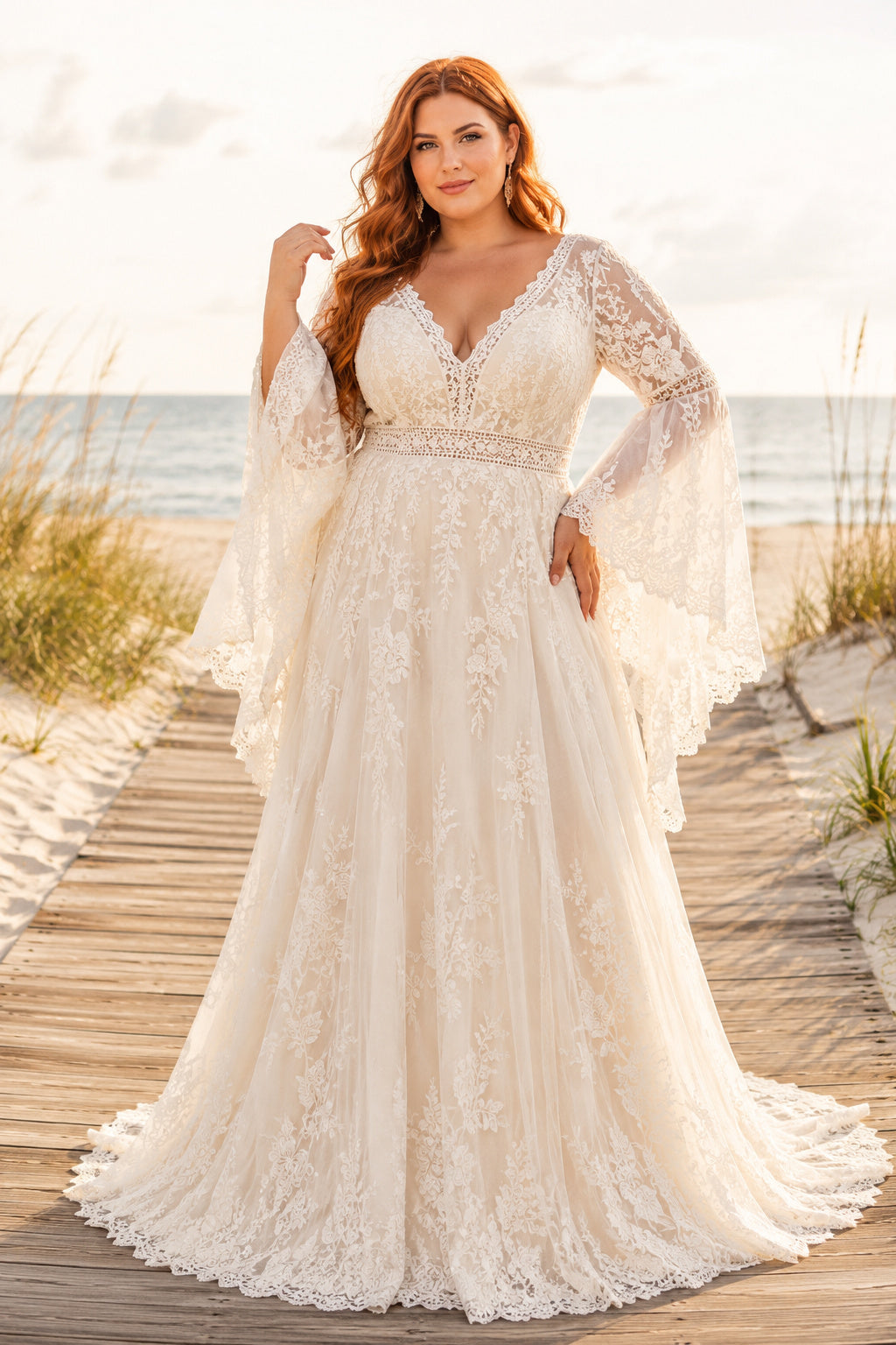 Plus Size Ivory V-Neck Bell Sleeve Lace Tulle A-Line Wedding Dress with Split Front Skirt and Bell Sleeves front view