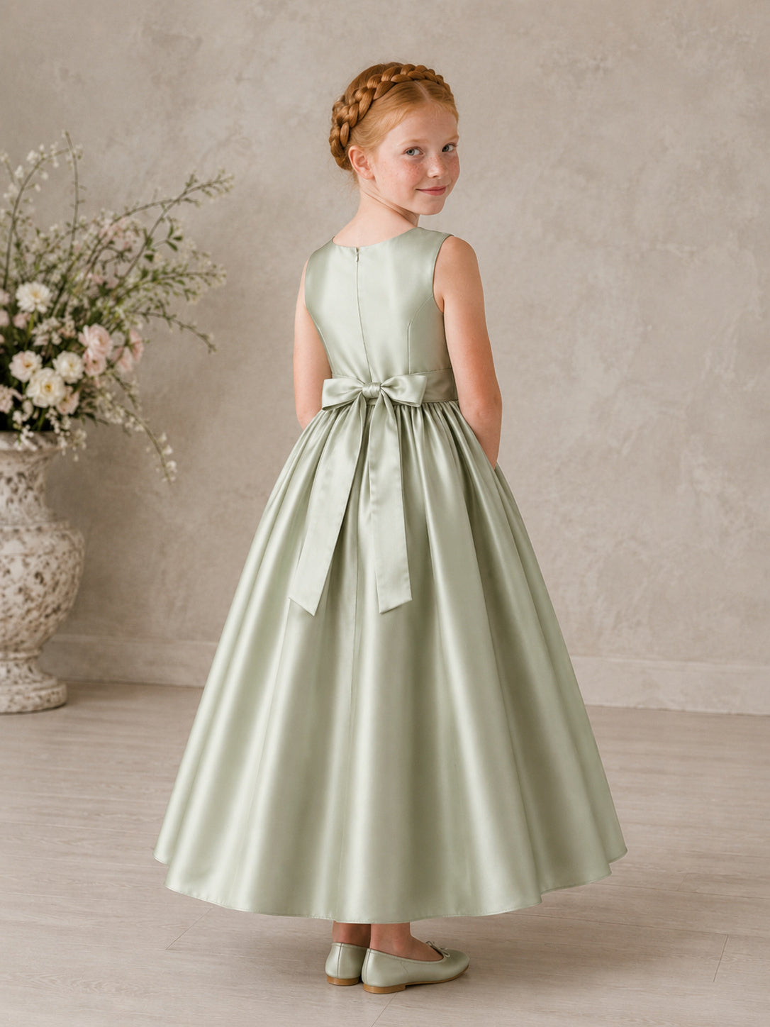 Flower Girl Dress Sage Satin A-Line Sleeveless Jewel Neck Tea Length Sash Bow Back back view