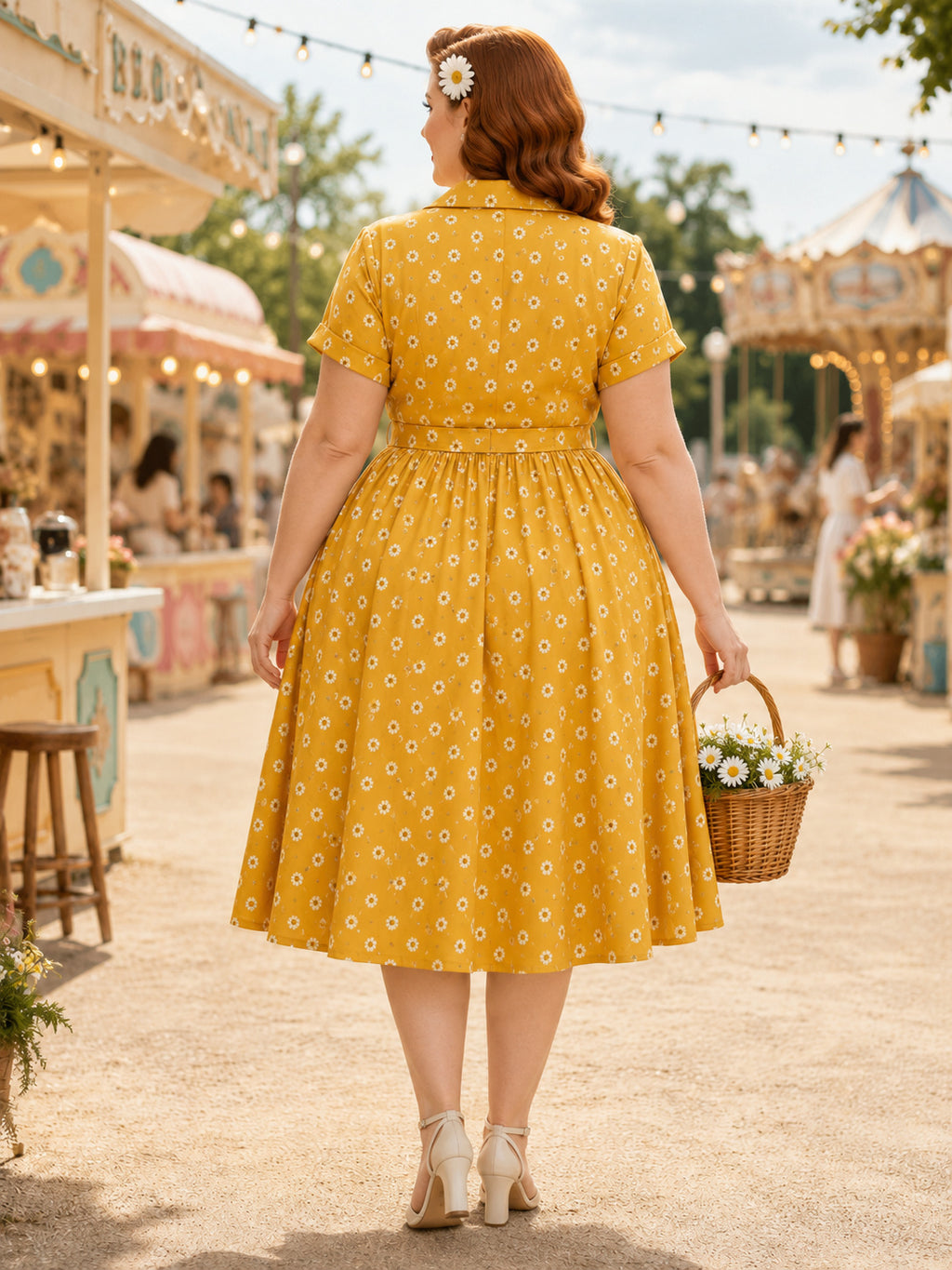 Plus Size Casual Daffodil Floral Notched Neck Short Sleeve A-Line Tea Length Shirt Dress back view