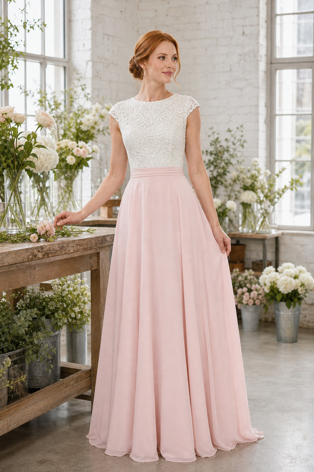 Blush Bateau Short Sleeve A-Line Chiffon Floor-Length Dress With Lace Bodice