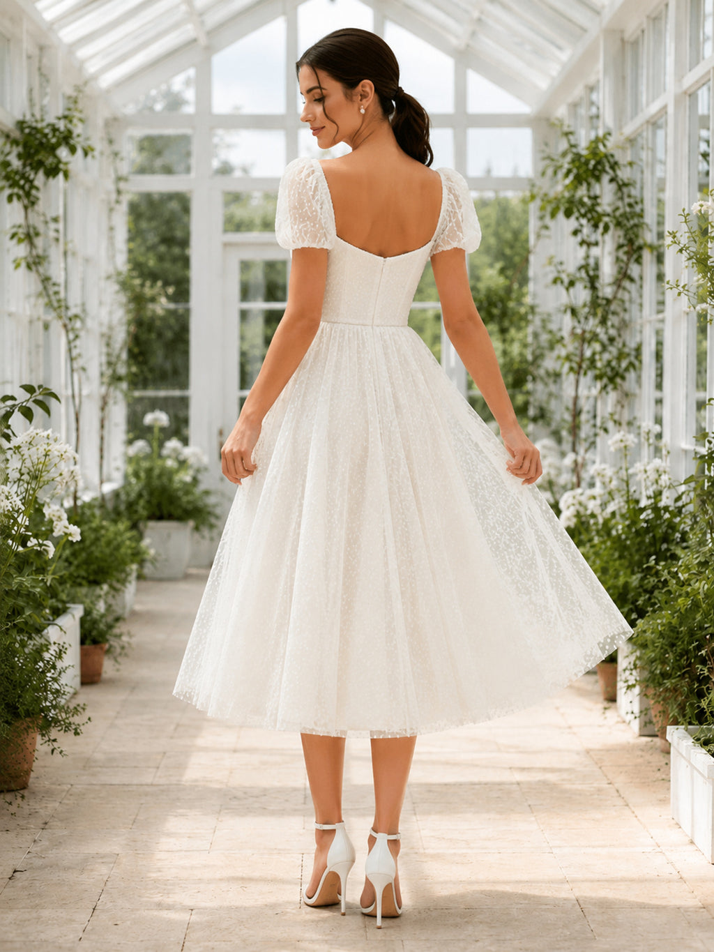 Vintage Tulle Wedding Dress A-Line Sweetheart Puff Sleeve Tea Length Bridal Gown back view