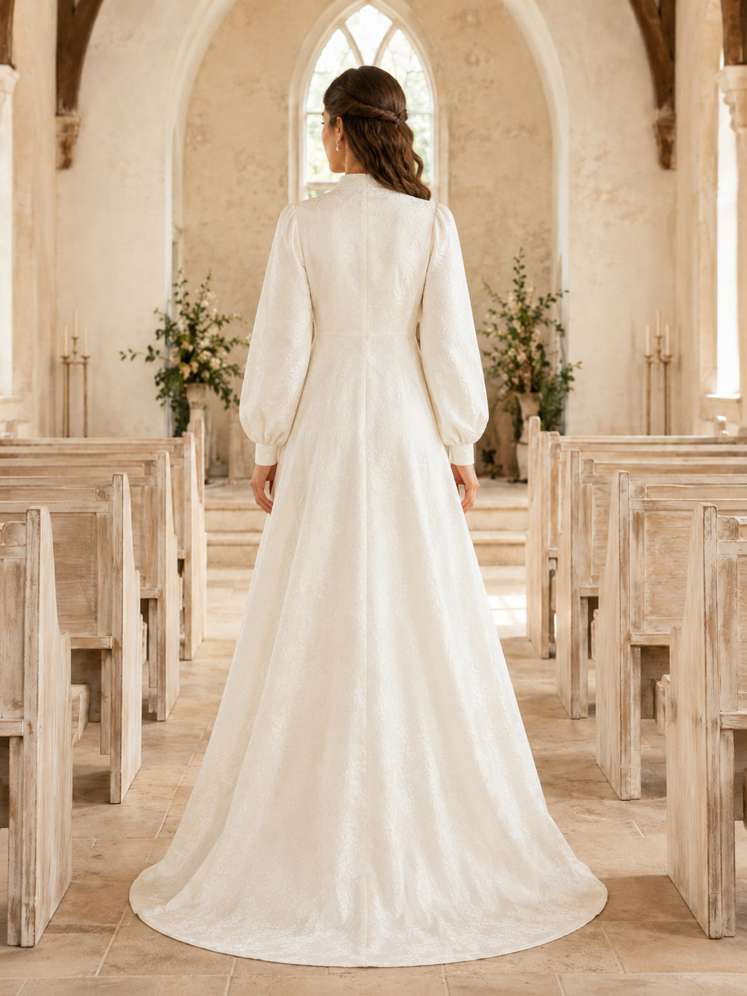 Modest Chapel Puff Sleeve Textured A-Line Wedding Dress back view