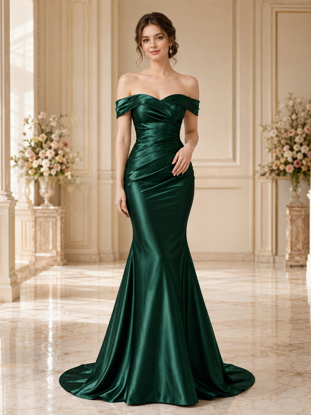 Dark Green Off Shoulder Satin Romantic Mermaid Dress front view