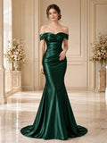 Dark Green Off Shoulder Satin Romantic Mermaid Dress front view