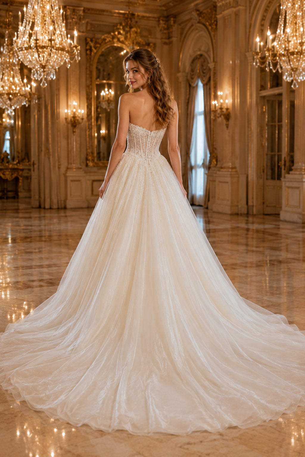 Strapless Tulle Ball Gown Wedding Dress back view