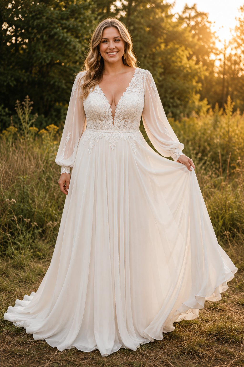 Ivory V-Neck Chiffon A-Line Wedding Dress with Long Bishop Sleeves and Deep V Back front view