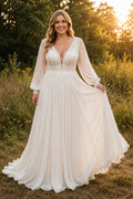 Ivory V-Neck Chiffon A-Line Wedding Dress with Long Bishop Sleeves and Deep V Back front view