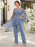 Dusty blue beaded chiffon overlay pantsuit mother dress set front view
