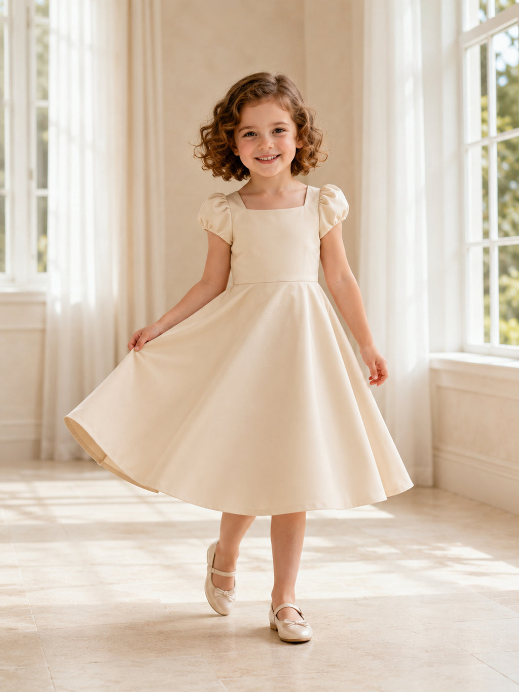 Flower Girl Dress Ivory Satin A-Line Short Sleeve Scoop Tea length Bow Detail front view
