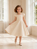 Flower Girl Dress Ivory Satin A-Line Short Sleeve Scoop Tea length Bow Detail front view