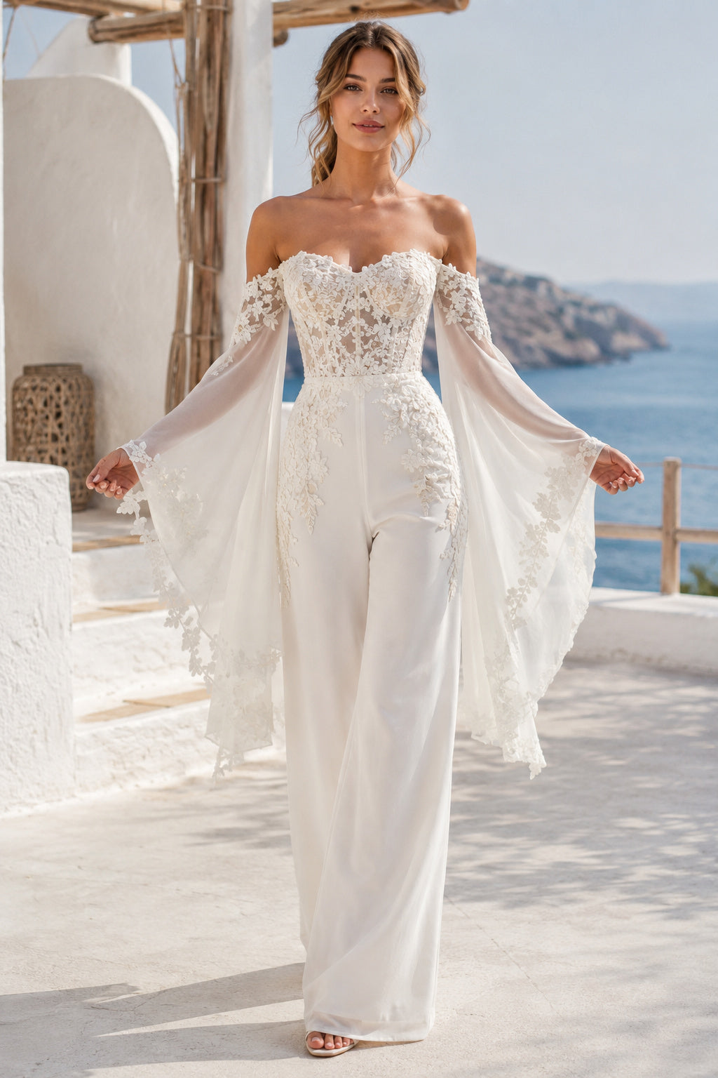 Ivory Off-the-Shoulder Lace Bridal Jumpsuit with Draped Chiffon Sleeves front view