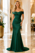 Dark Green Off-the-Shoulder Satin Mermaid Formal Dress with Sweetheart Neck and Sweep Train Style MG_300954 front view
