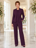 Plum Slimming Luxury Tailored Mother of the Bride Pantsuit Jewel Neck Long-Sleeve Fitted Blazer Wide-Leg Floor Trousers front