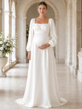 Maternity Square Cowl Neck Long Poet Sleeve Satin A-Line Wedding Dress front view