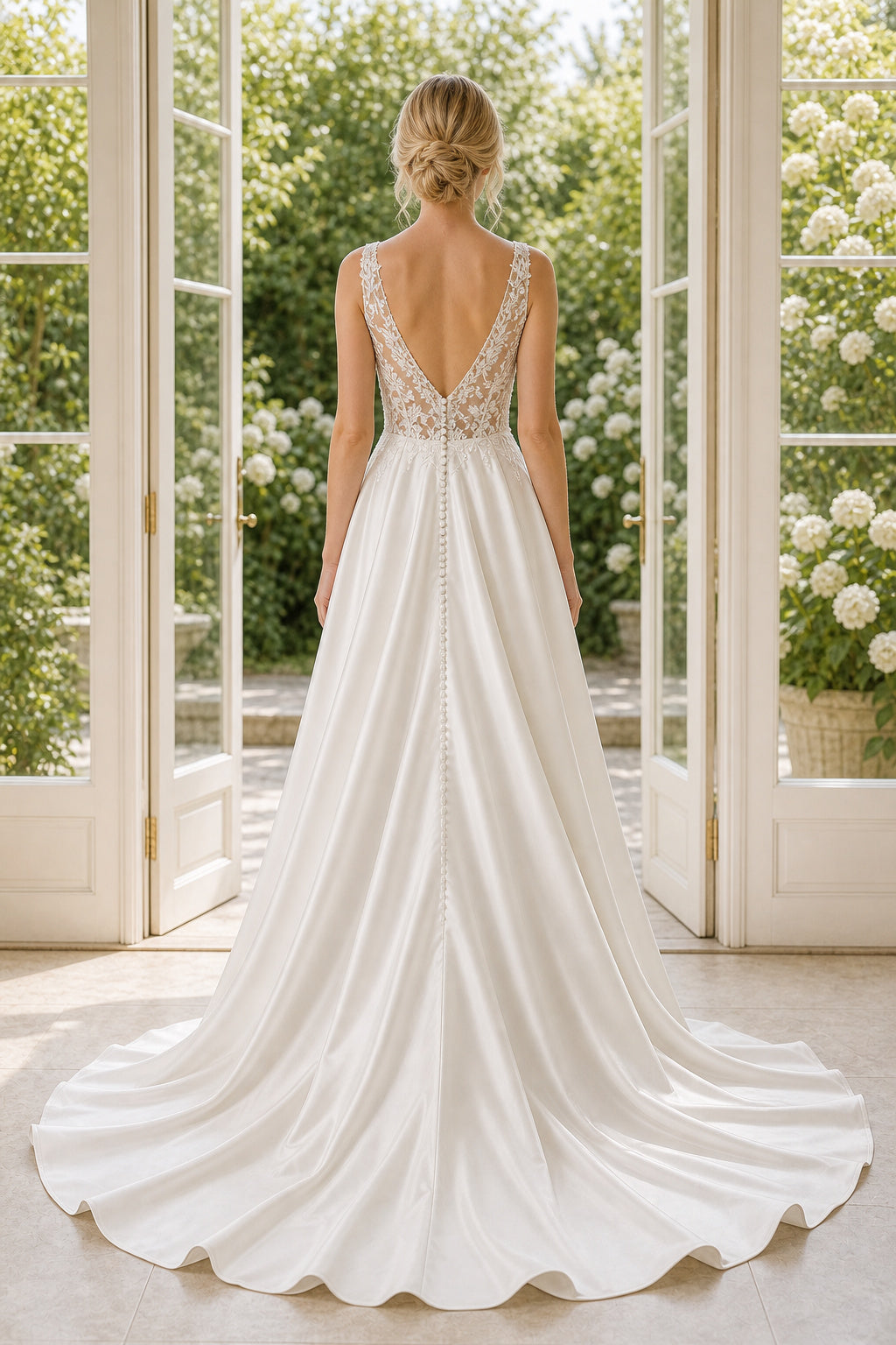 White Bateau Short Sleeves Mermaid Crepe, Lace Floor-length Wedding Dress With Lace and Beaded Waist and Open Back Lace Hem Detail