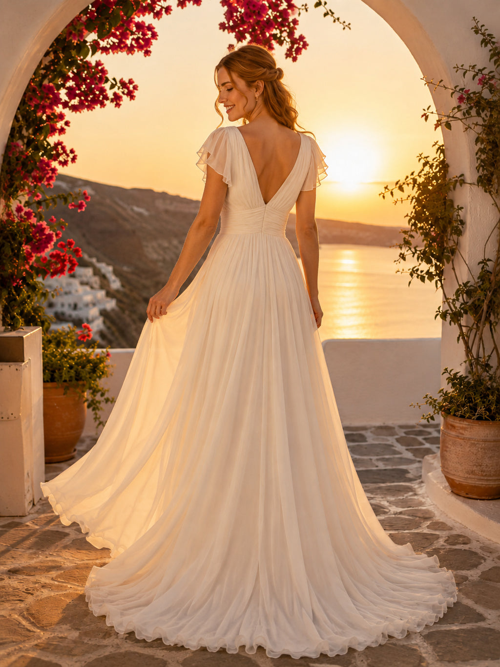 Romantic V Neck Flutter Sleeve Chiffon A-Line Beach Destination Wedding Dress back view