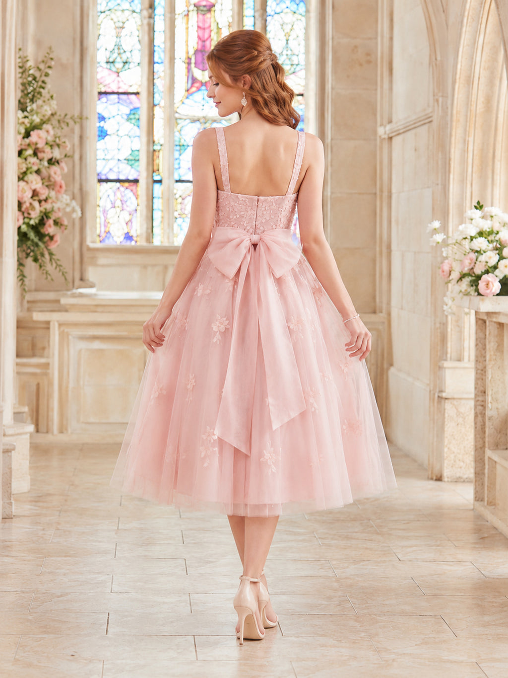 Blush Floral Tulle Bow Waist Flower Girl Dress back view
