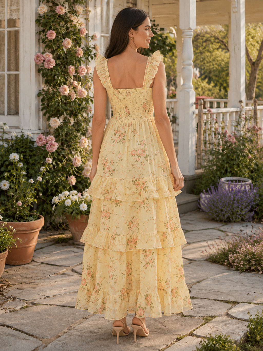 Pale Yellow Floral Square Neck Tiered Maxi Dress back view