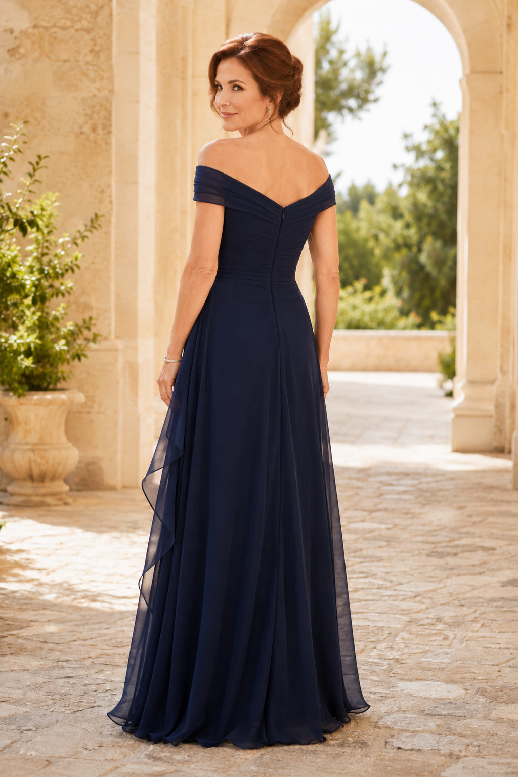 Dark Navy Off Shoulder Chiffon A-Line Mother Dress with Draped Ruffle Skirt back view