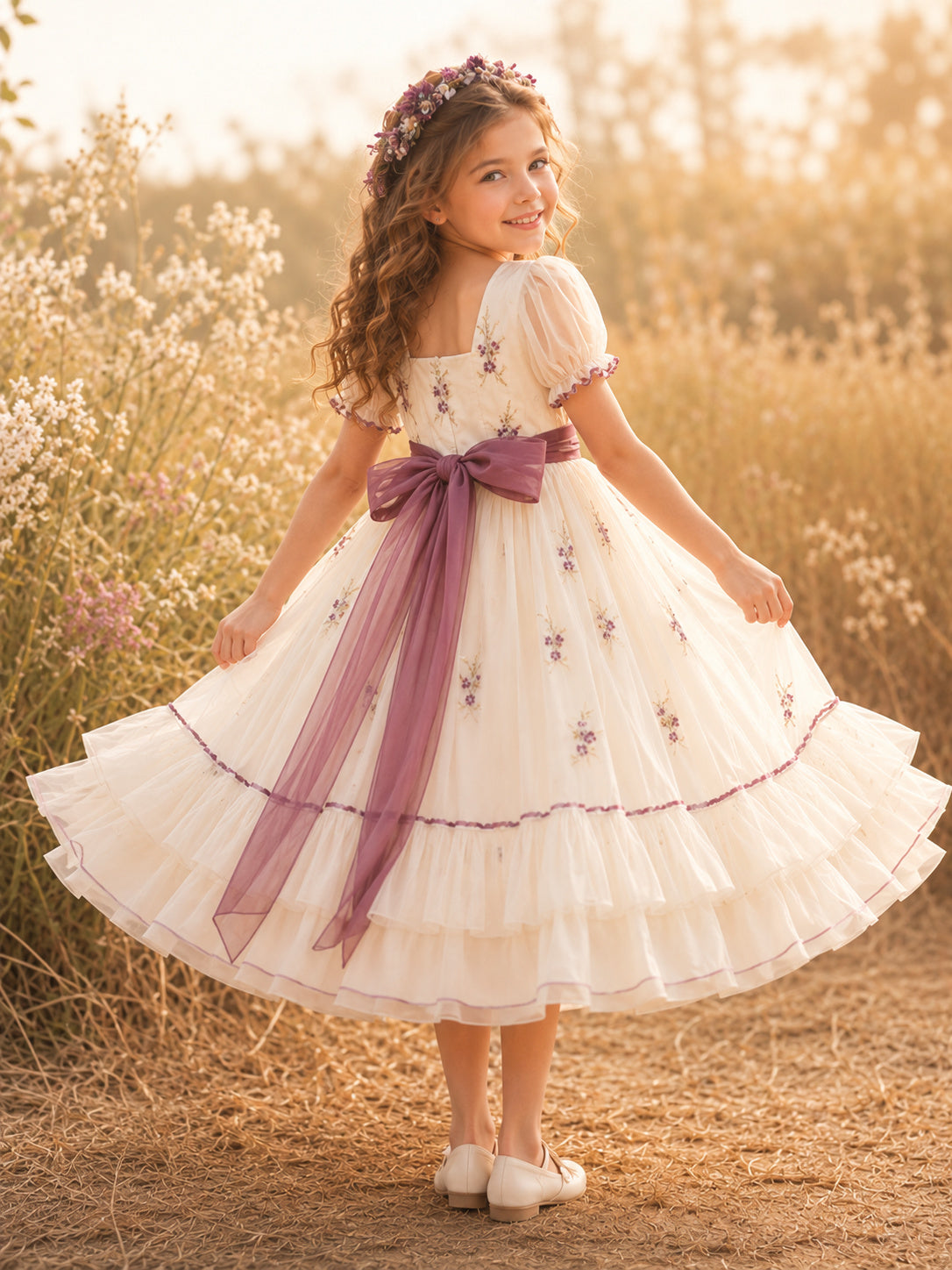 Flower Girl Dress A-Line Cream Plum Floral Tiered Tulle Flutter Sleeve back view