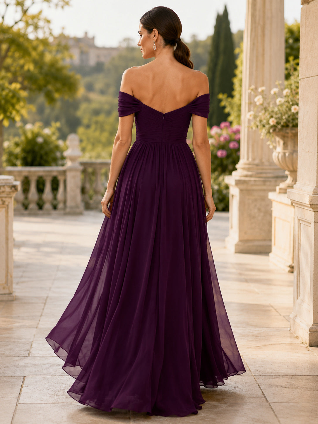 Plum Chiffon Off Shoulder A-Line Evening Gown back view