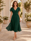 Dark Green Flutter Sleeve Chiffon Cocktail Dress front view