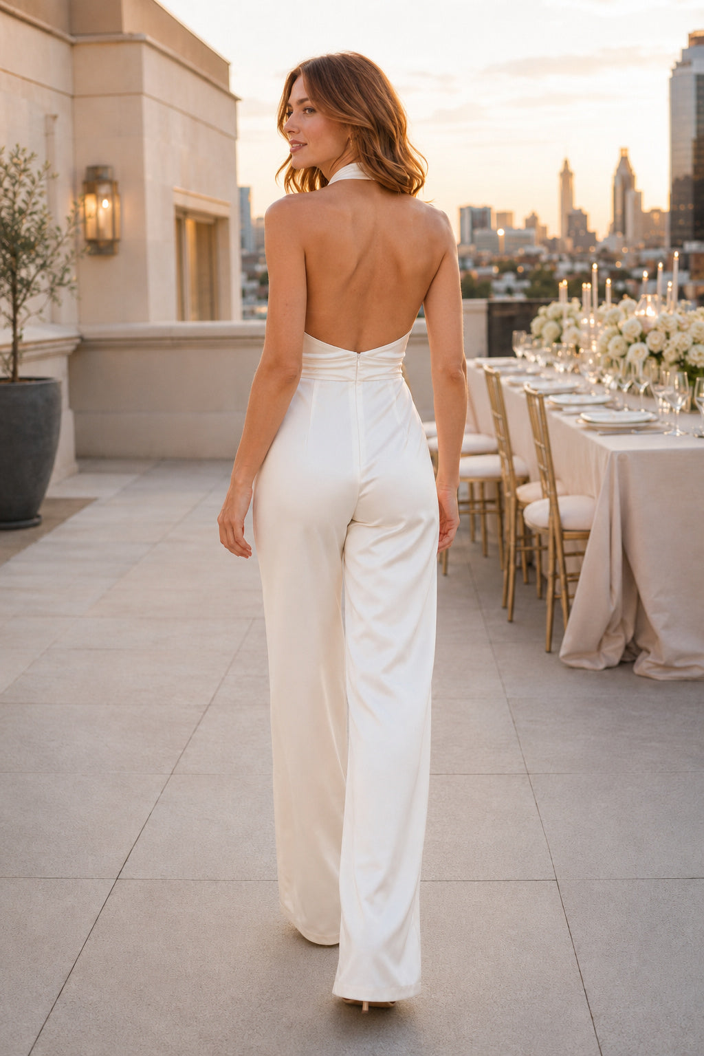 White Halter Cowl Satin Backless Wedding Jumpsuit back view
