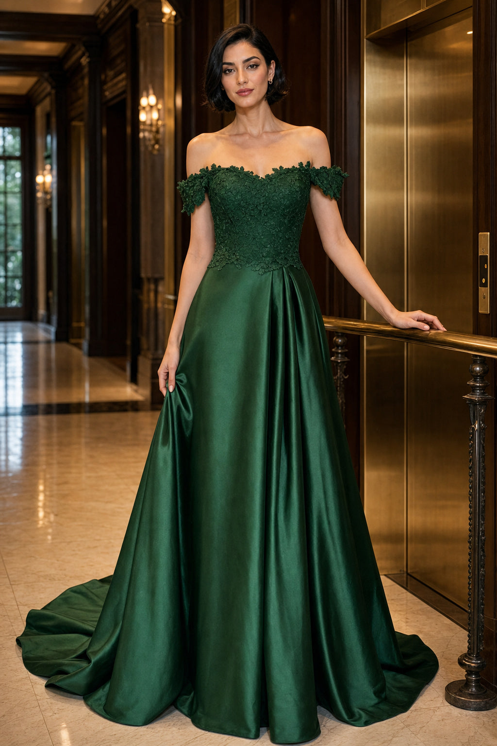 Off-the-Shoulder A-Line Satin Floor-Length Dress With Lace Bodice