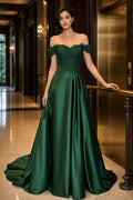 Off-the-Shoulder A-Line Satin Floor-Length Dress With Lace Bodice
