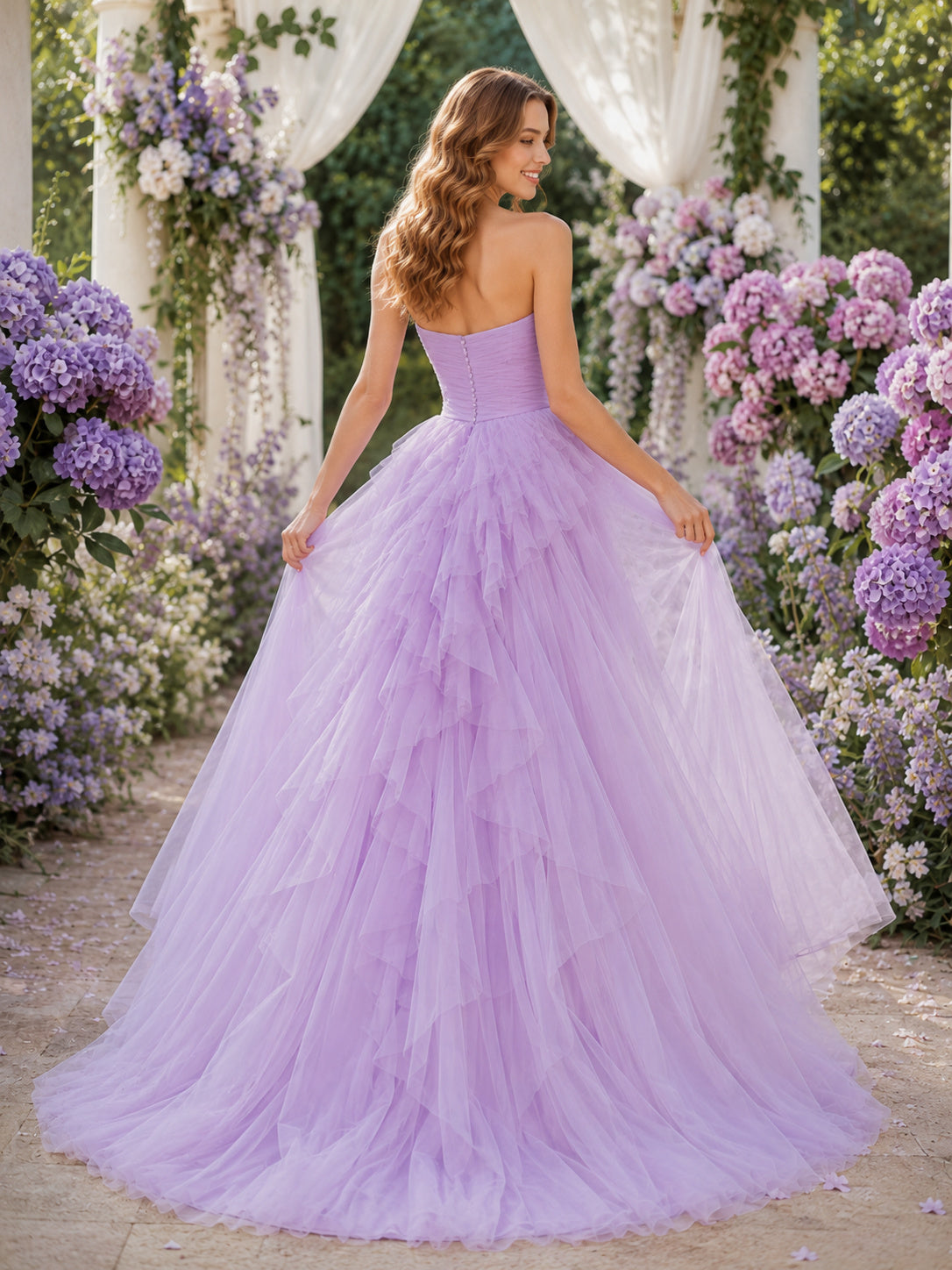 Lavender Strapless Ruched Tulle Ball Gown Wedding Dress back view