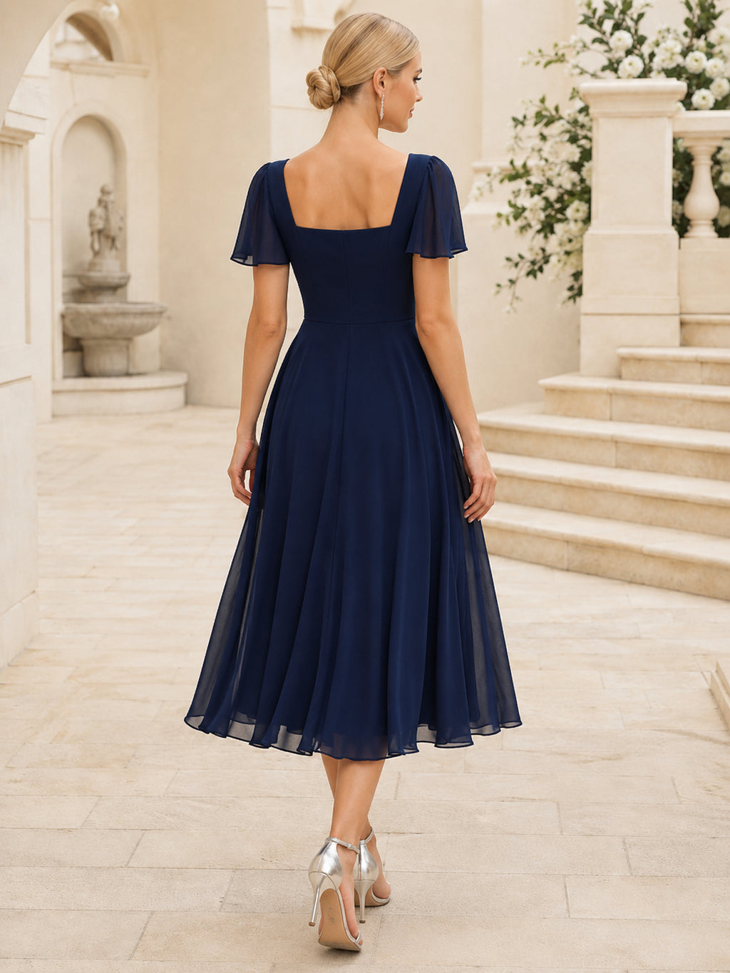 Dark Navy Square Neck Chiffon Tea Dress back view