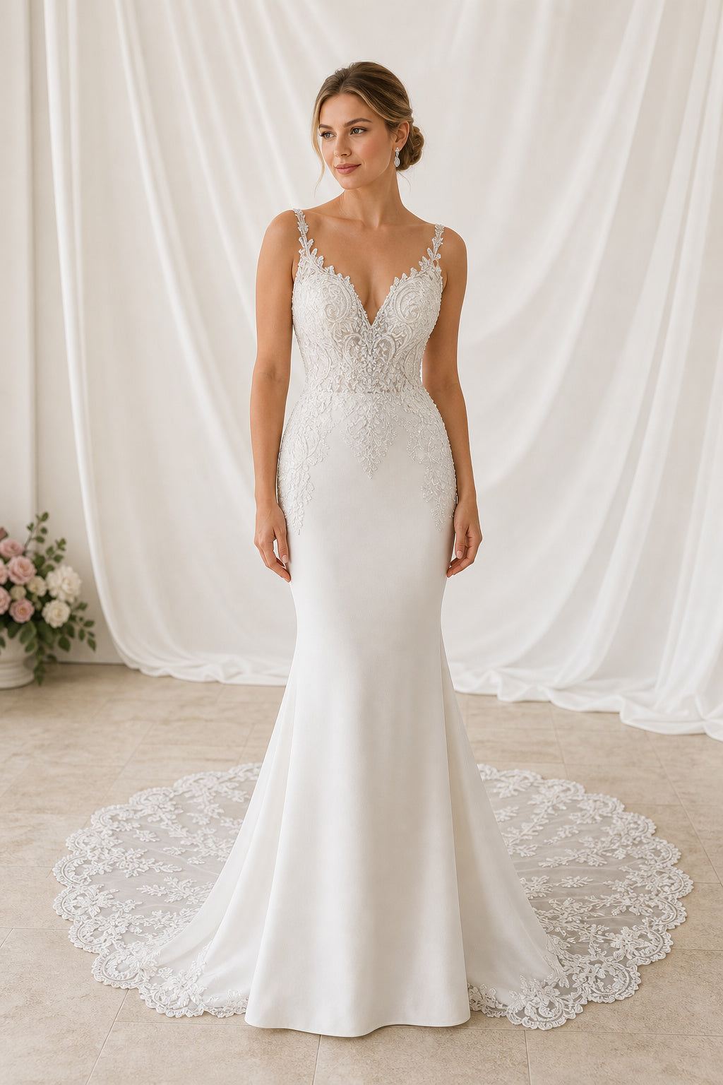White Illusion A-Line Satin Floor-length Wedding Dress With Beaded Waist and Floral Appliques