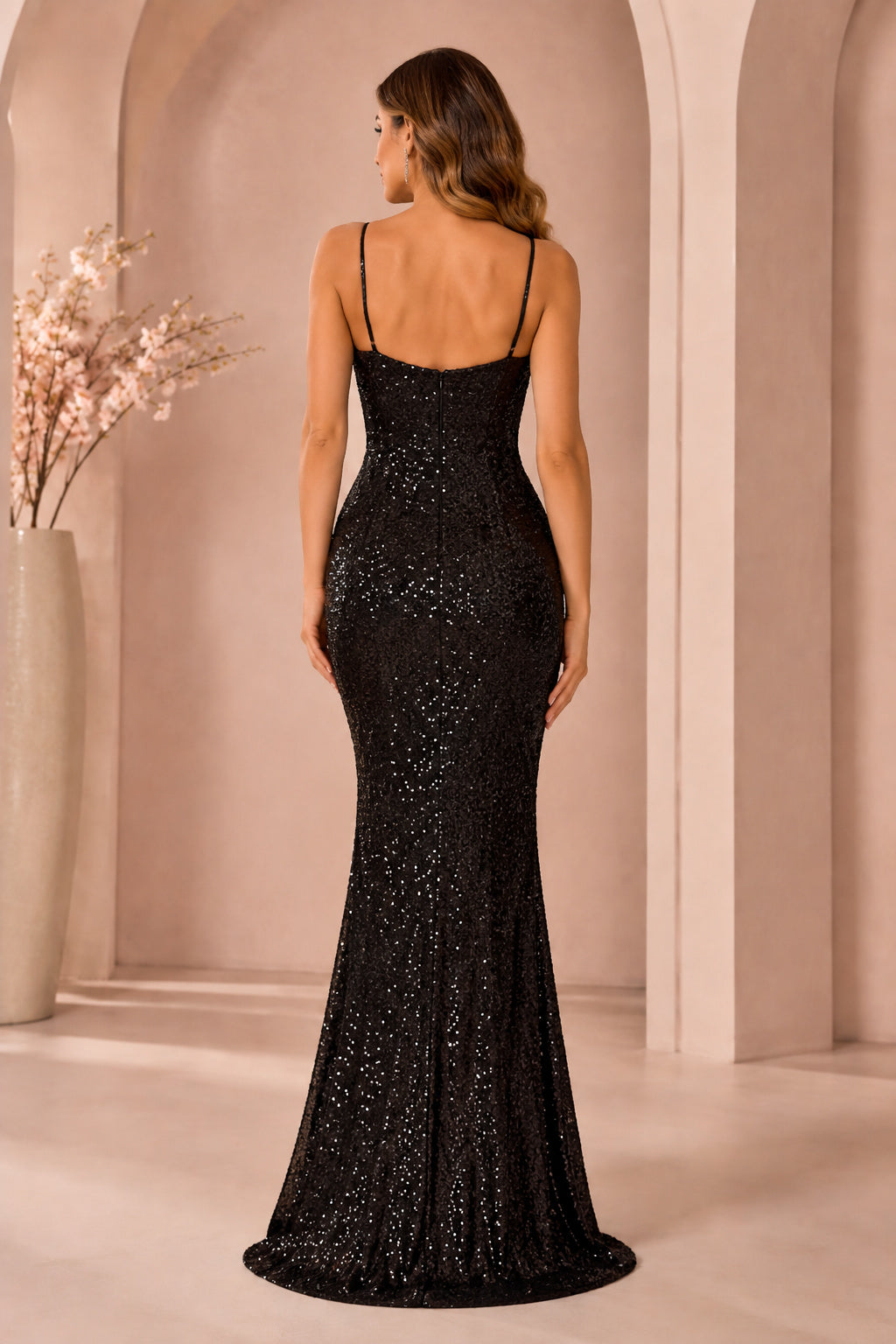 Black Spaghetti Strap Sequin Mermaid Prom Dress with Low Back back view