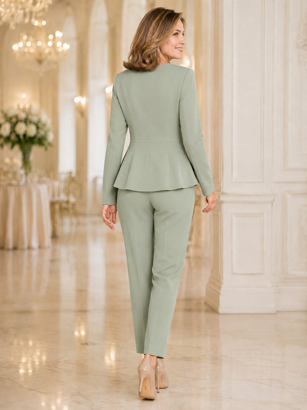 Sage Tapered Simple Mother of the Bride Pantsuit with Jewel Neck Long-Sleeve Peplum Top Pointed Hem and Slim Ankle Trousers b