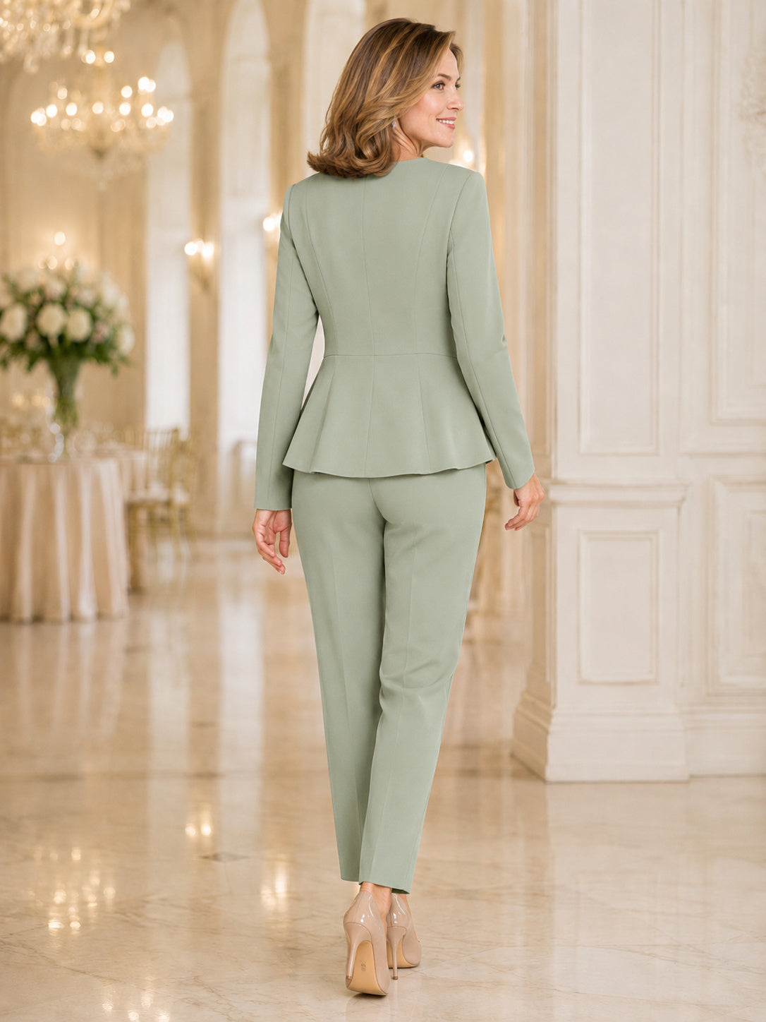 Sage Tapered Simple Mother of the Bride Pantsuit with Jewel Neck Long-Sleeve Peplum Top Pointed Hem and Slim Ankle Trousers b