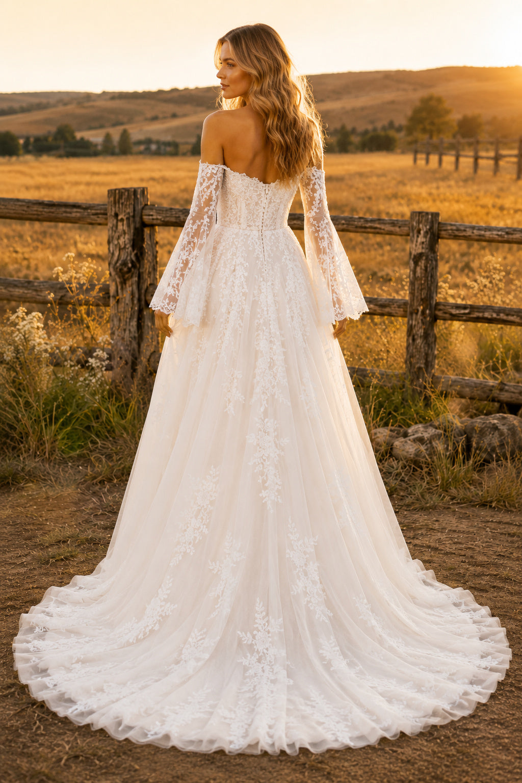 Off the Shoulder Long Sleeve A-Line Wedding Dress with Lace Appliques and Chapel Train back view
