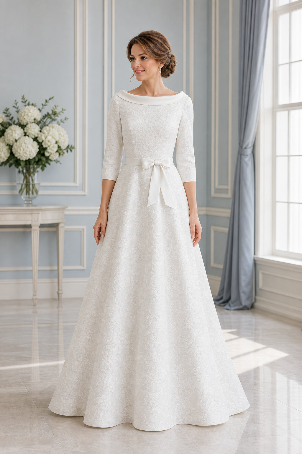 White Bateau Long Sleeves A-Line Satin Floor-length Wedding Dress With Sash and Pleats