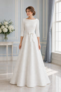 White Bateau Long Sleeves A-Line Satin Floor-length Wedding Dress With Sash and Pleats