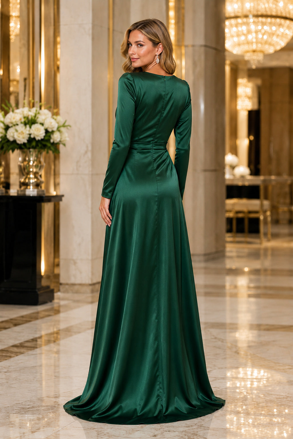 Dark Green Long Sleeve V Neck Satin Wrap Evening Gown With Side Draping Evening Dress back view