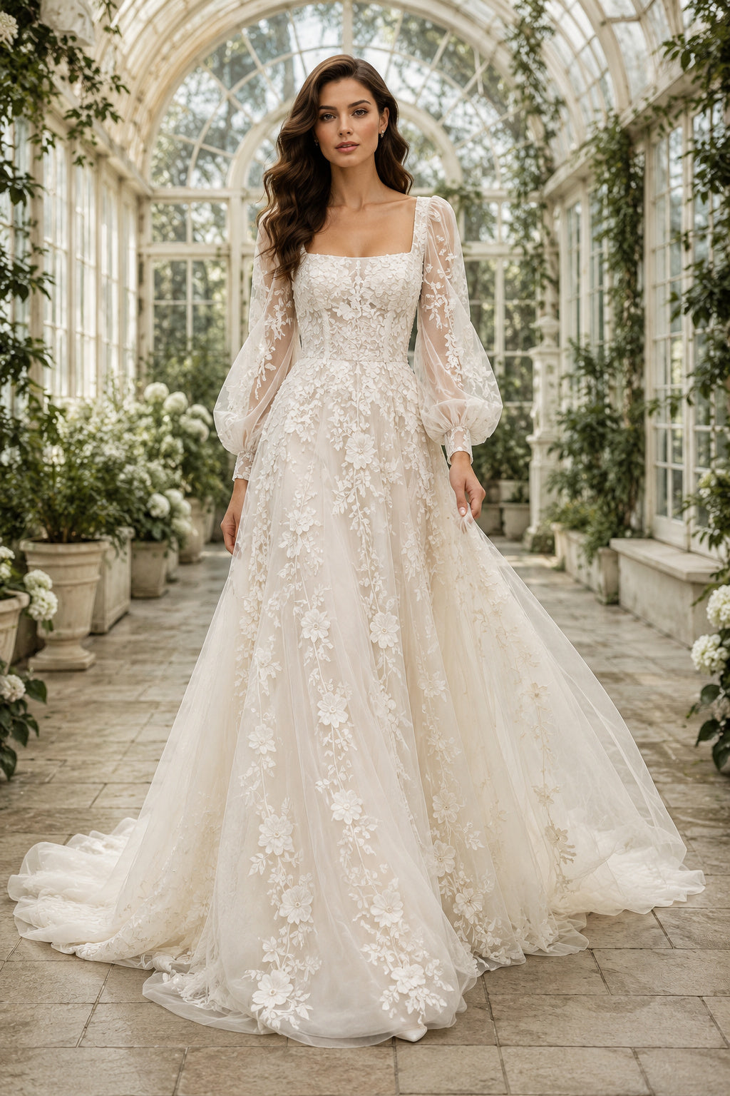 Ivory Long Sleeve Floral Applique A-Line Wedding Dress with Square Neckline front view