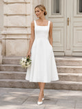 Elegant Civil Satin A Line Square Neck Straps Tea Length Wedding Dress front view