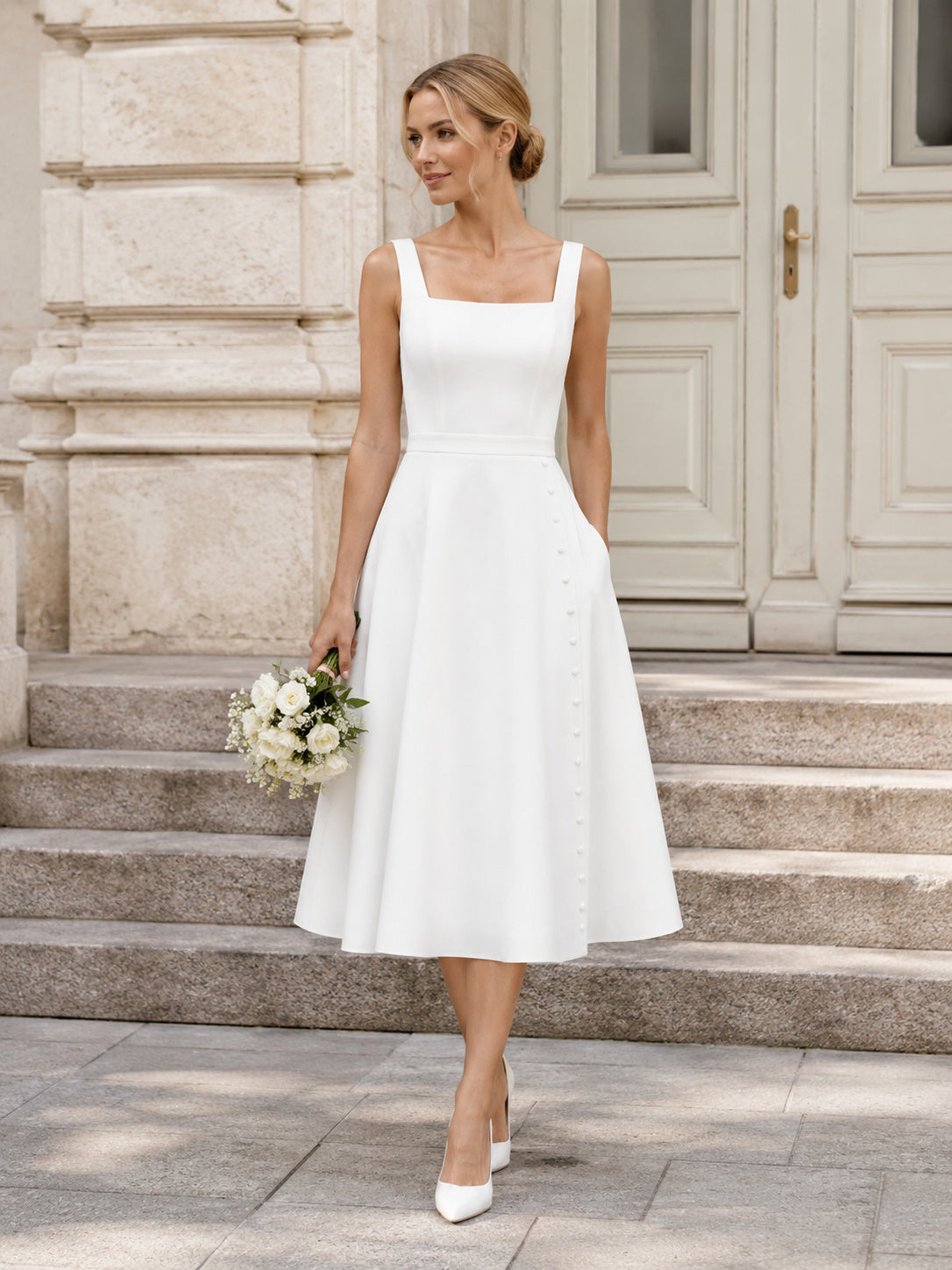 Elegant Civil Satin A Line Square Neck Straps Tea Length Wedding Dress front view