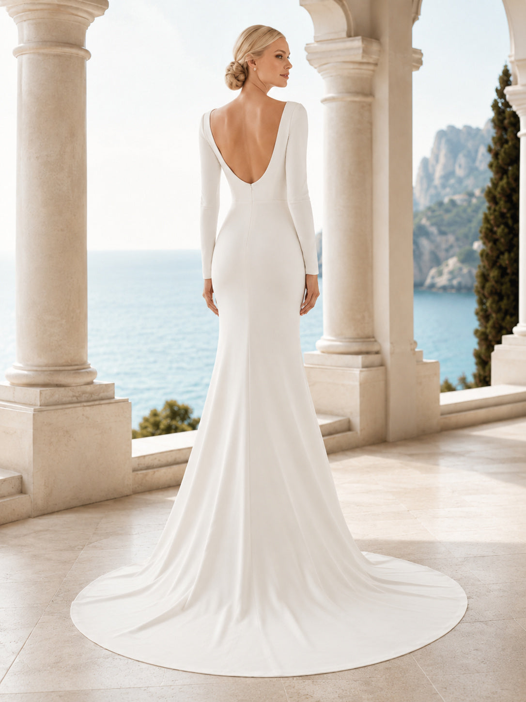 Modest Satin Wedding Dress Sheath Bateau Neck Long Sleeve Sweep Train Deep V Back Bridal Gown back view