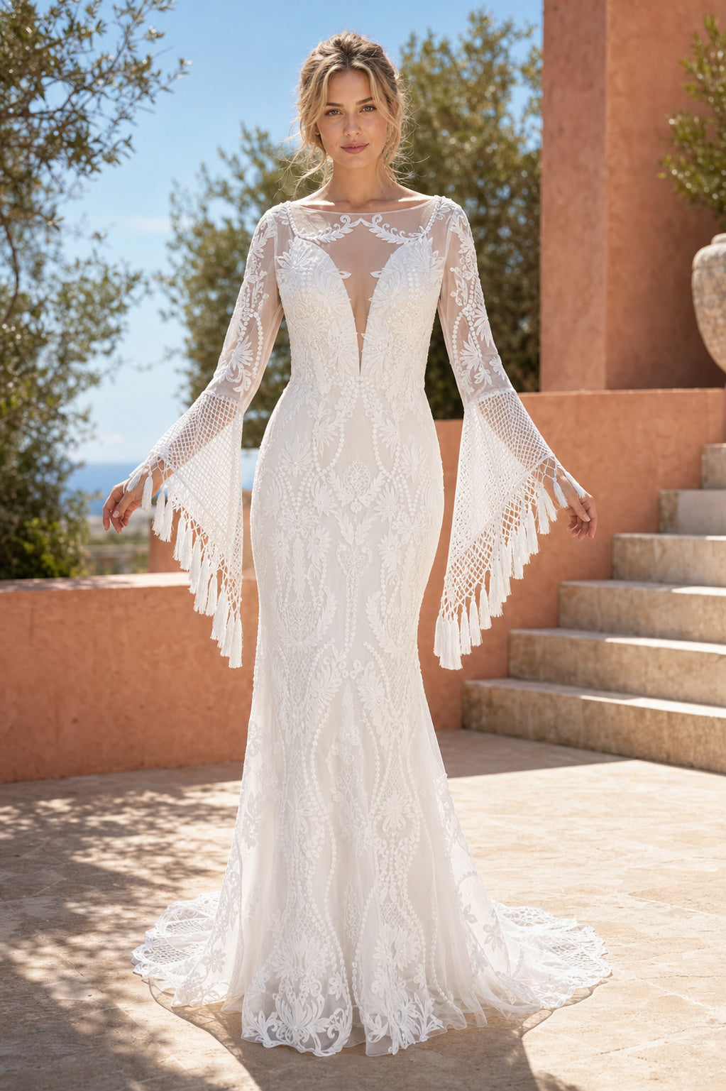 White Bateau Long Cape Sleeves Mermaid Lace Floor-length Wedding Dress With Fringe and Lace and Open Back