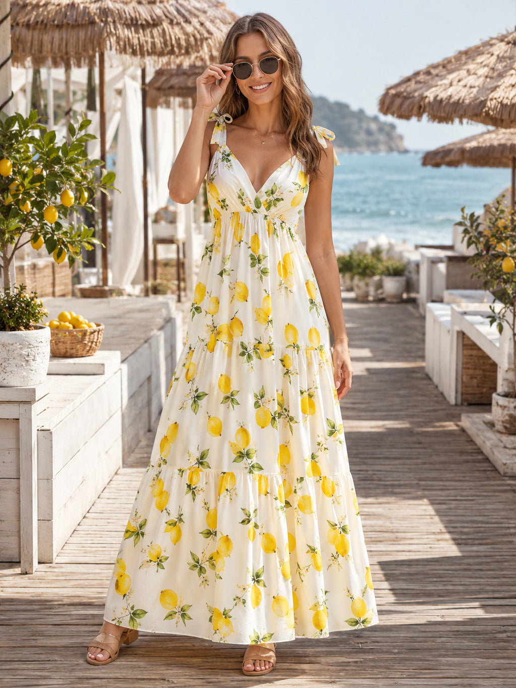 Lemon Print V-Neck Spaghetti Strap Resort Maxi Dress front view