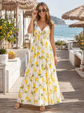 Lemon Print V-Neck Spaghetti Strap Resort Maxi Dress front view