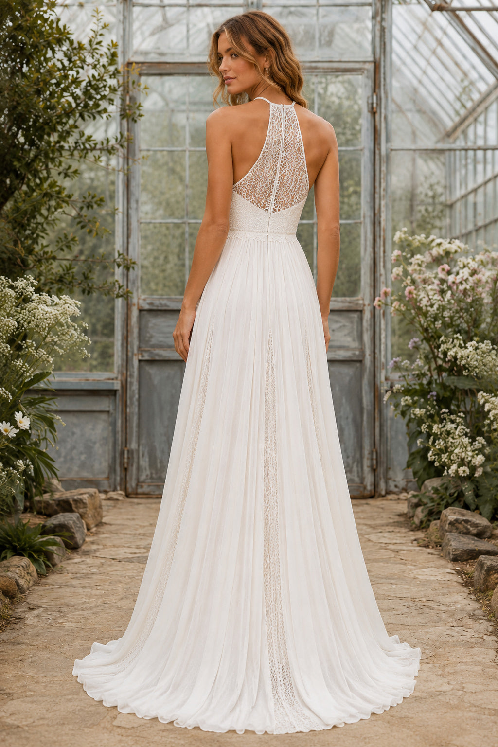 Halter High Neck A-Line Wedding Dress with Lace Back and Flowing Chiffon Train for Beach Garden Ceremony back view