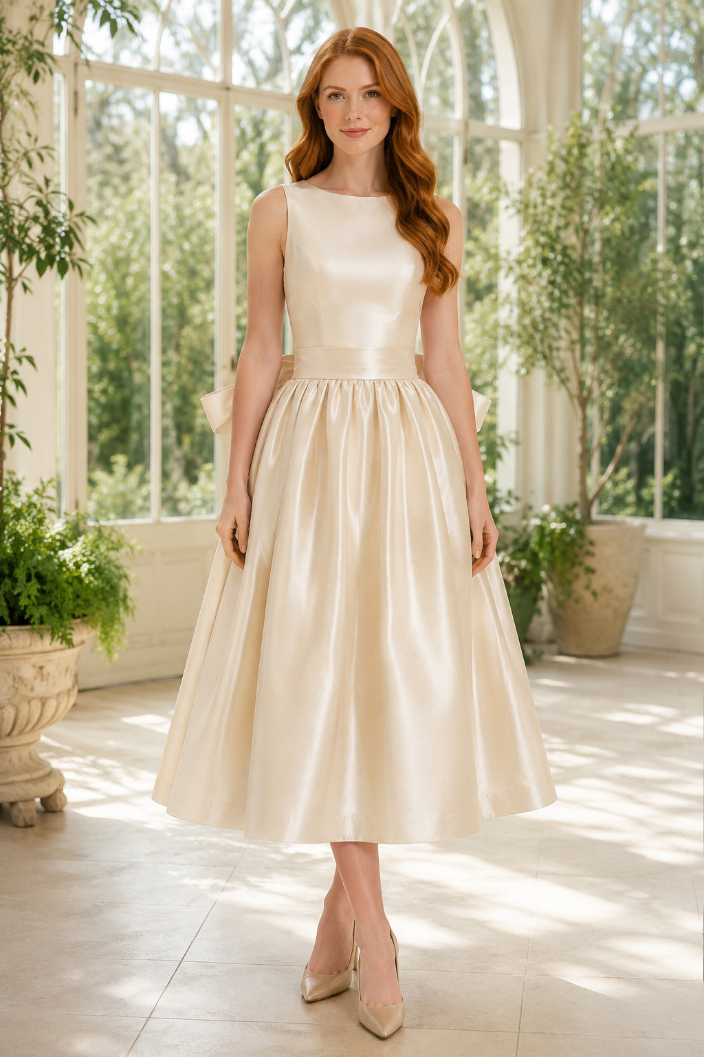 Ivory Sleeveless Satin Tea-Length Dress with Full Skirt and Bow Back front view